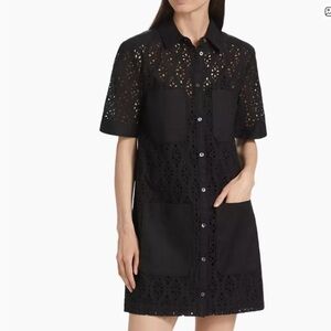 Veronica Beard Rafaela Eyelet Mini Shirtdress Black Button-Front Short Sleeve